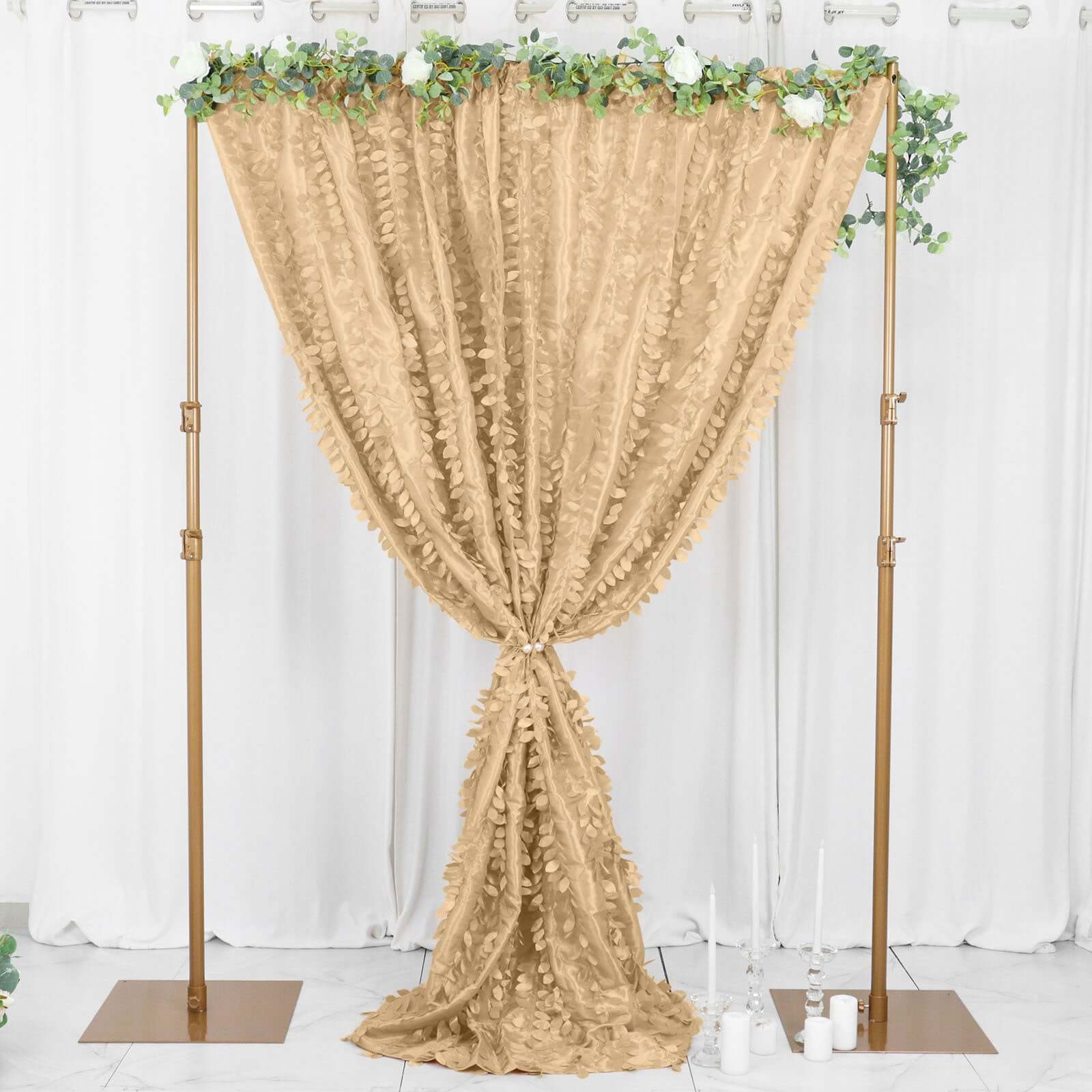 8ftx8ft Champagne 3D Leaf Petal Taffeta Event Curtain Drapes, Backdrop Event Panel With Rod Pocket - Bell Racket Store