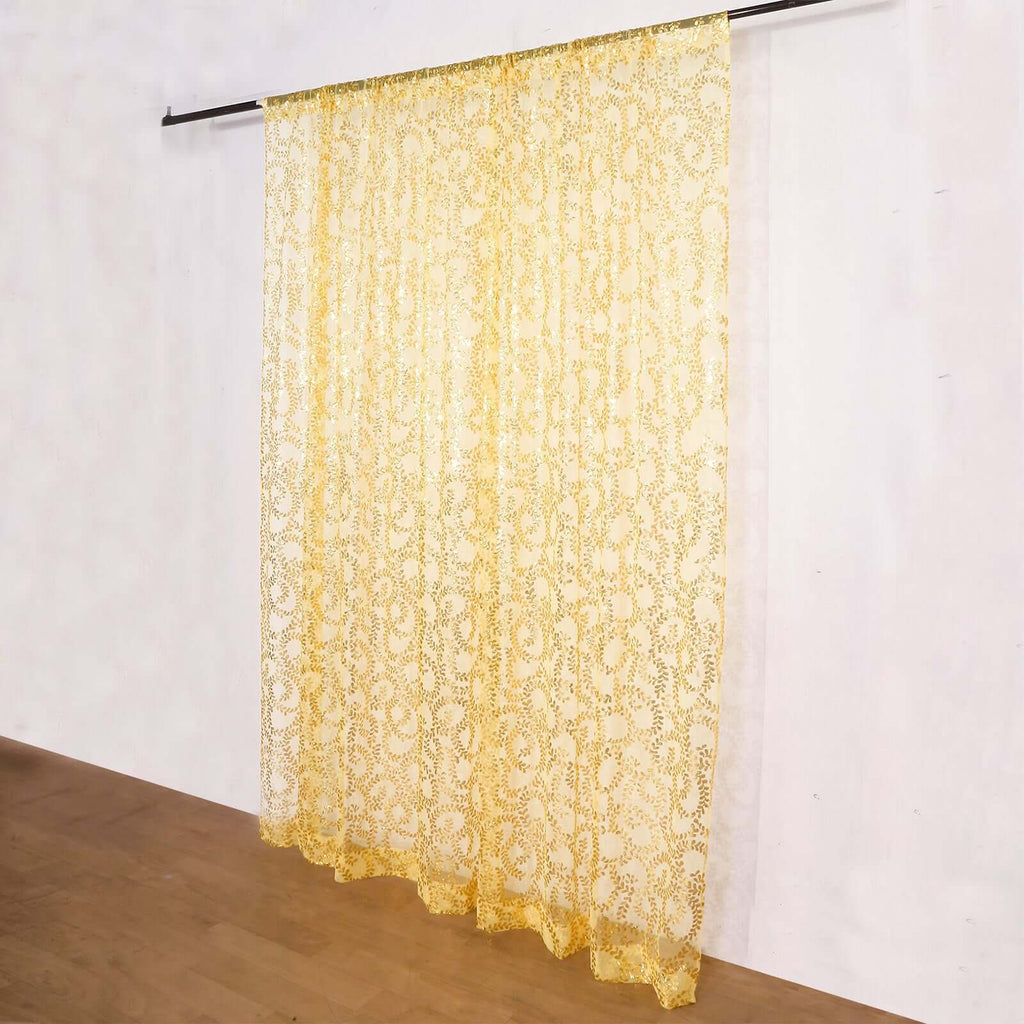 8ftx8ft Gold Embroider Sequin Event Curtain Drapes, Sparkly Sheer Backdrop Event Panel With Embroidery Leaf - Bell Racket Store