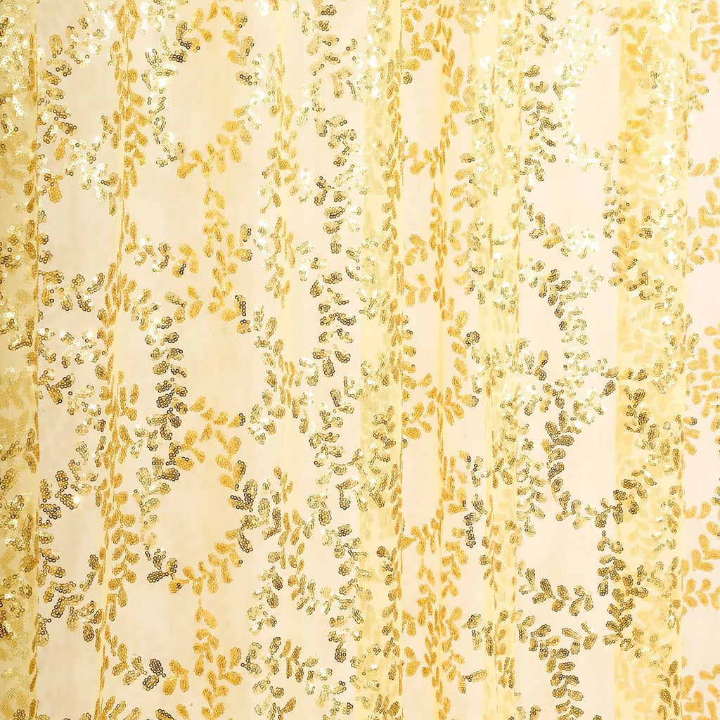 8ftx8ft Gold Embroider Sequin Event Curtain Drapes, Sparkly Sheer Backdrop Event Panel With Embroidery Leaf - Bell Racket Store