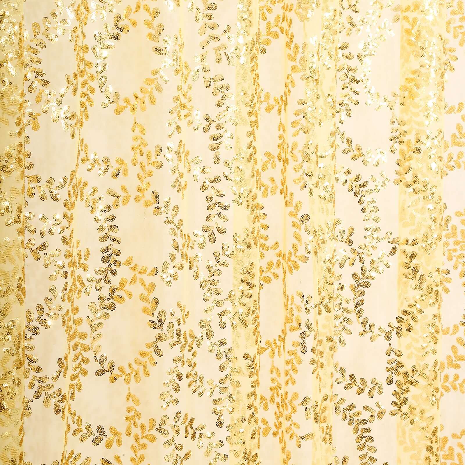8ftx8ft Gold Embroider Sequin Event Curtain Drapes, Sparkly Sheer Backdrop Event Panel With Embroidery Leaf - Bell Racket Store