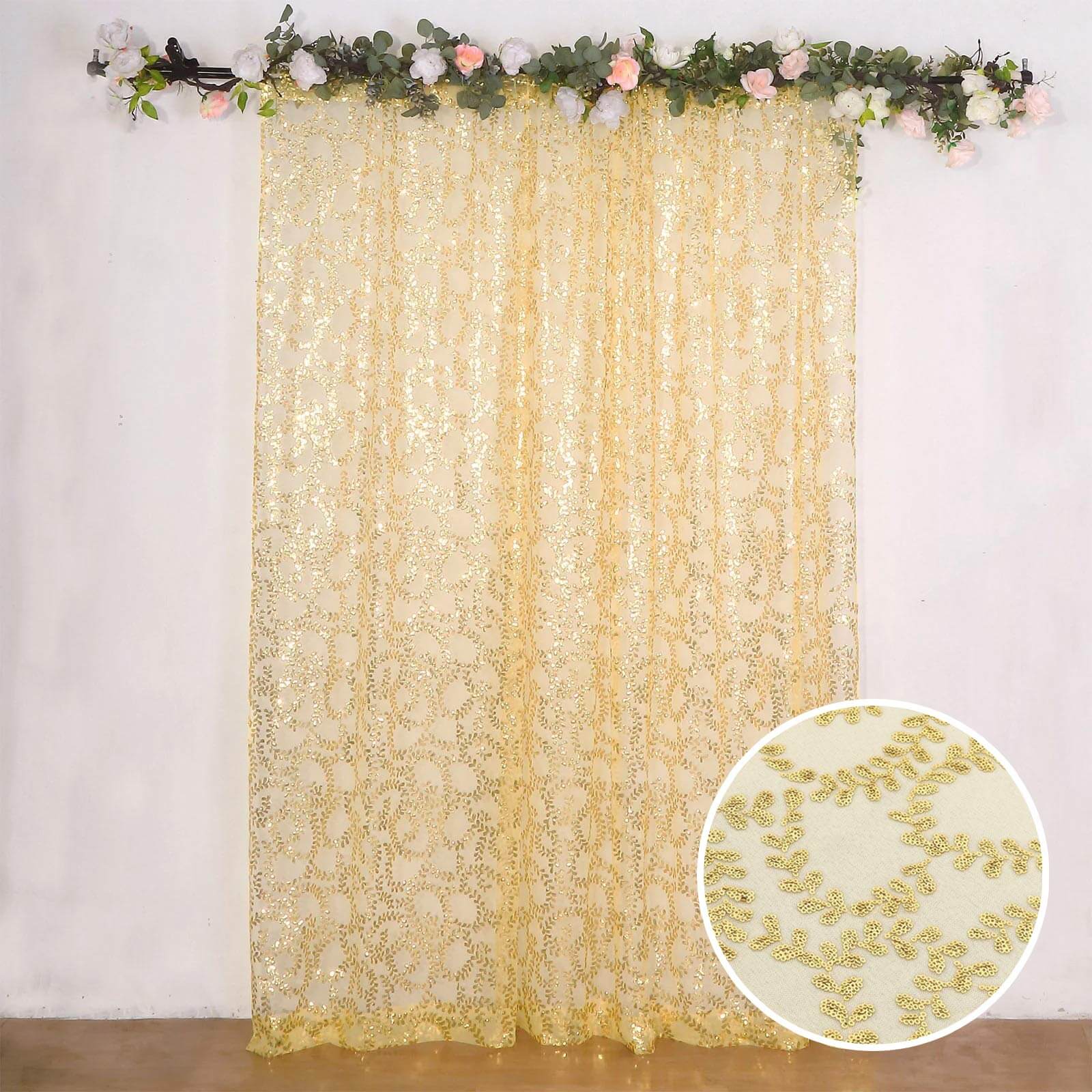 8ftx8ft Gold Embroider Sequin Event Curtain Drapes, Sparkly Sheer Backdrop Event Panel With Embroidery Leaf - Bell Racket Store