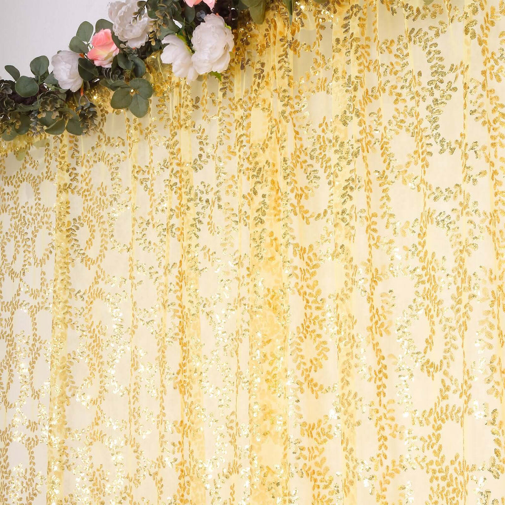 8ftx8ft Gold Embroider Sequin Event Curtain Drapes, Sparkly Sheer Backdrop Event Panel With Embroidery Leaf - Bell Racket Store