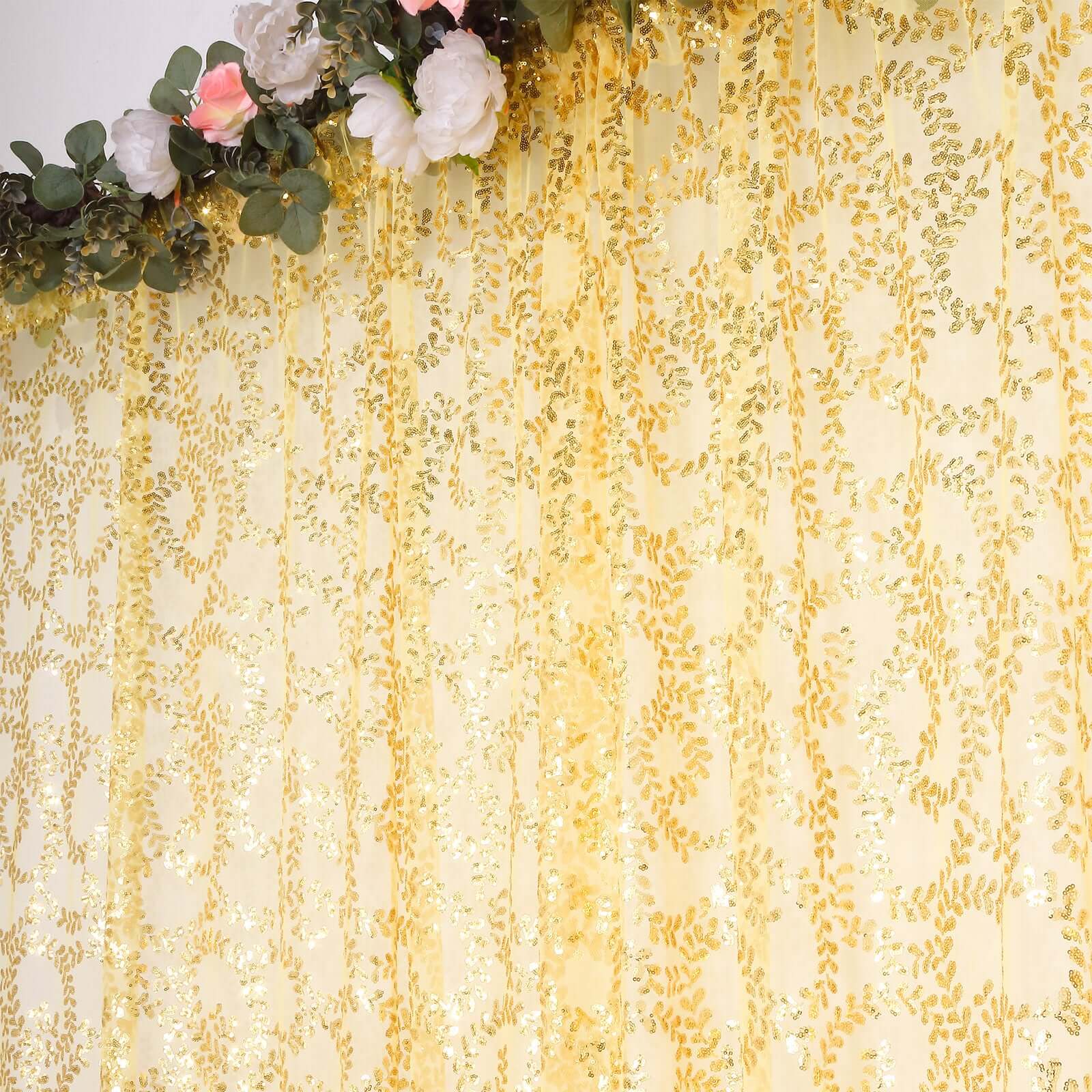 8ftx8ft Gold Embroider Sequin Event Curtain Drapes, Sparkly Sheer Backdrop Event Panel With Embroidery Leaf - Bell Racket Store