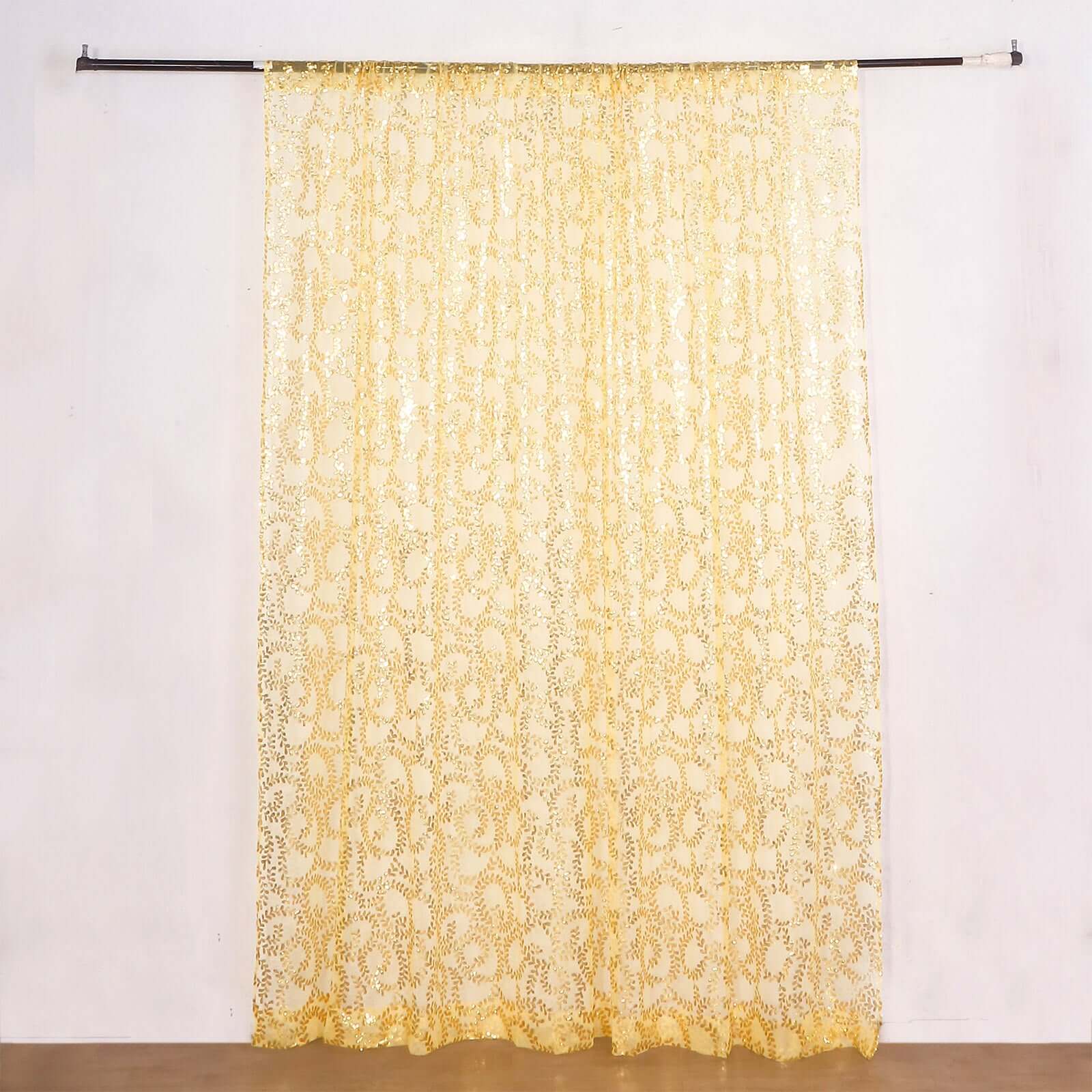 8ftx8ft Gold Embroider Sequin Event Curtain Drapes, Sparkly Sheer Backdrop Event Panel With Embroidery Leaf - Bell Racket Store