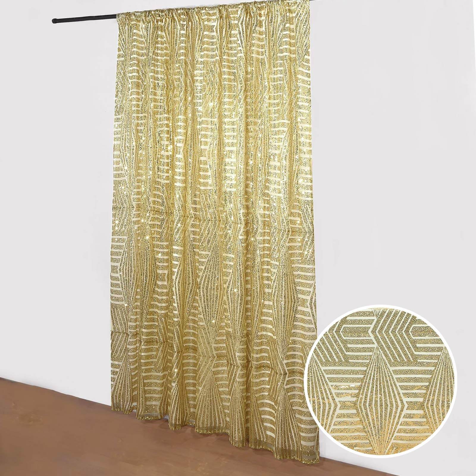 8ftx8ft Gold Geometric Sequin Event Curtain Drapes with Satin Backing, Seamless Opaque Sparkly Backdrop Event Panel in Diamond Glitz Pattern - Bell Racket Store