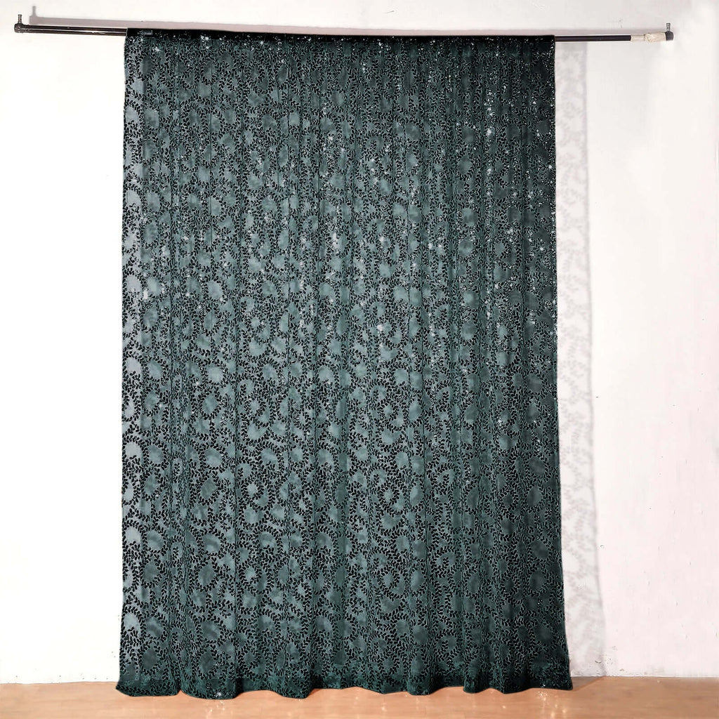 8ftx8ft Hunter Emerald Green Embroider Sequin Event Curtain Drapes, Sparkly Sheer Backdrop Event Panel With Embroidery Leaf - Bell Racket Store