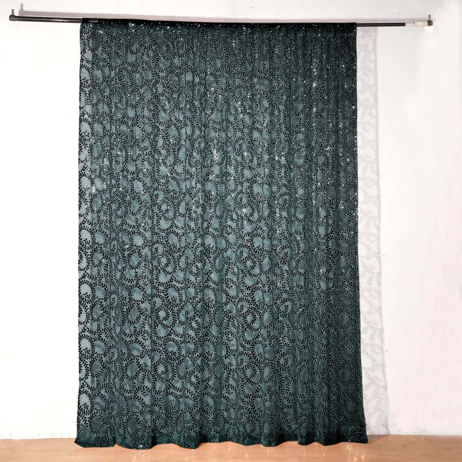 8ftx8ft Hunter Emerald Green Embroider Sequin Event Curtain Drapes, Sparkly Sheer Backdrop Event Panel With Embroidery Leaf - Bell Racket Store