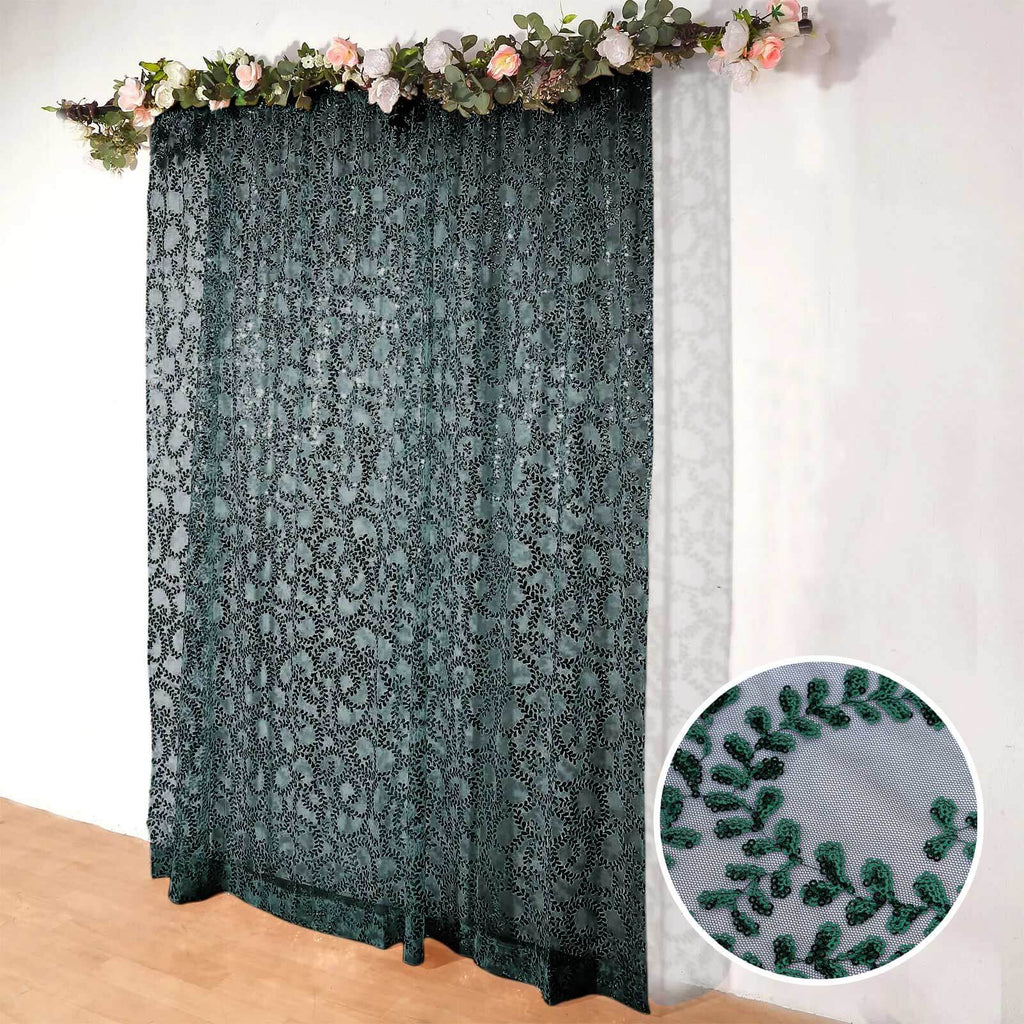 8ftx8ft Hunter Emerald Green Embroider Sequin Event Curtain Drapes, Sparkly Sheer Backdrop Event Panel With Embroidery Leaf - Bell Racket Store