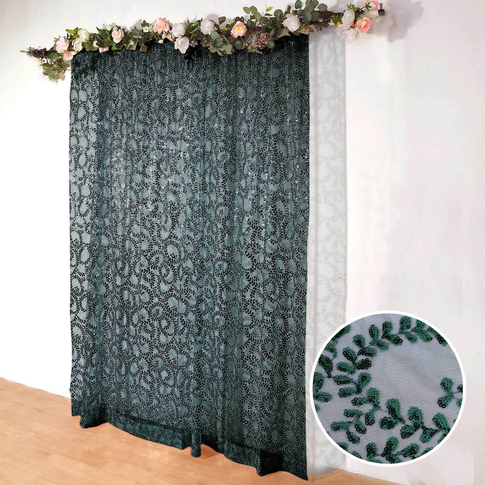 8ftx8ft Hunter Emerald Green Embroider Sequin Event Curtain Drapes, Sparkly Sheer Backdrop Event Panel With Embroidery Leaf - Bell Racket Store