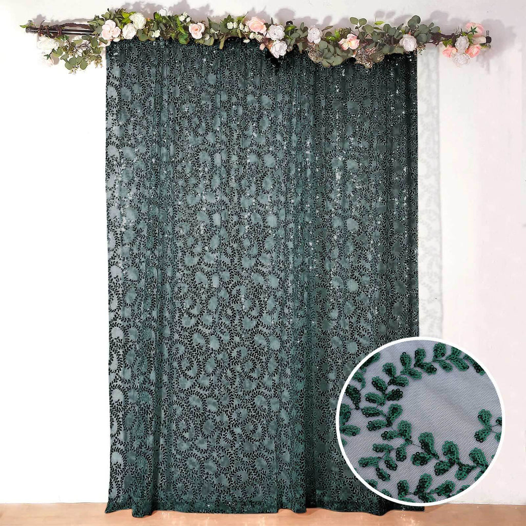 8ftx8ft Hunter Emerald Green Embroider Sequin Event Curtain Drapes, Sparkly Sheer Backdrop Event Panel With Embroidery Leaf - Bell Racket Store