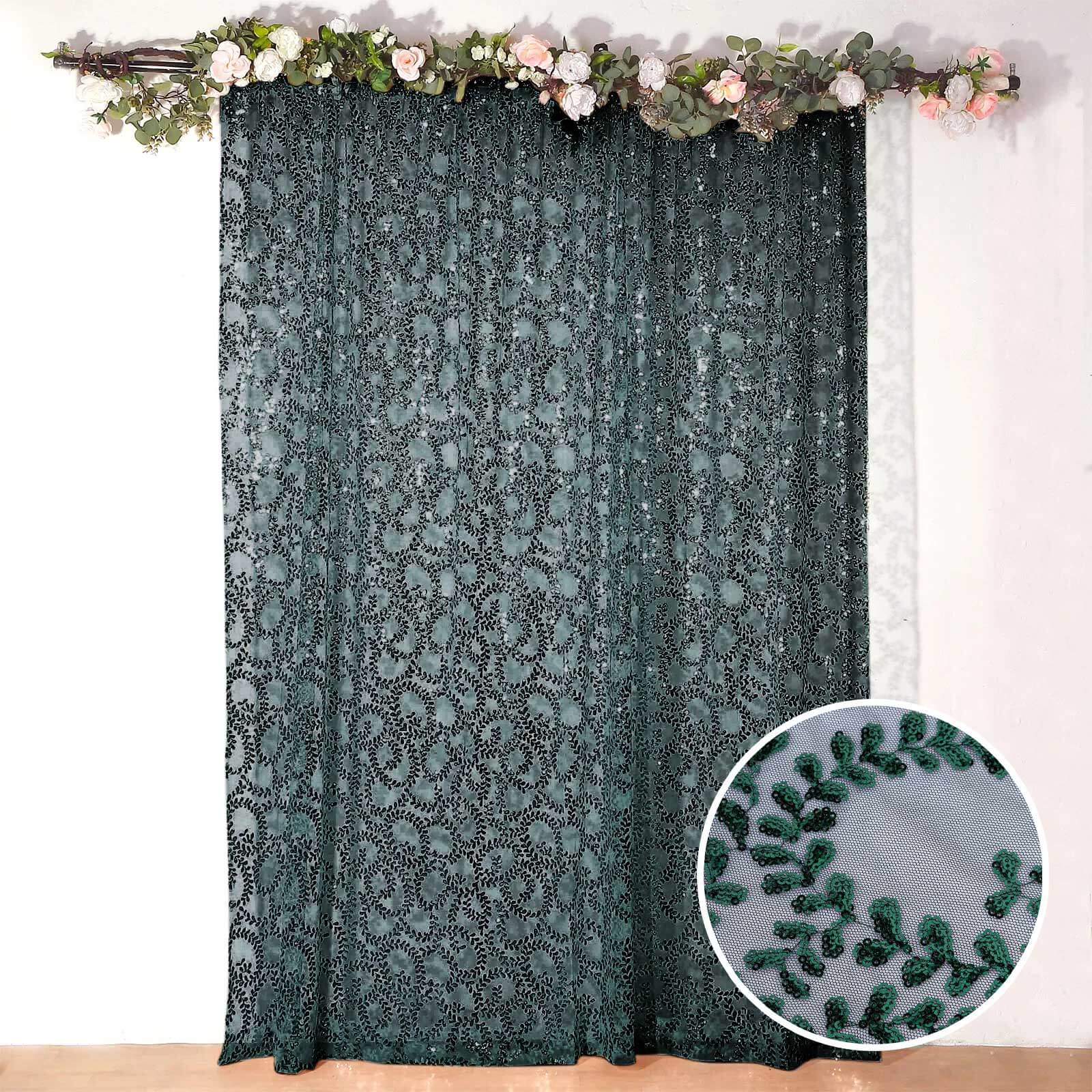 8ftx8ft Hunter Emerald Green Embroider Sequin Event Curtain Drapes, Sparkly Sheer Backdrop Event Panel With Embroidery Leaf - Bell Racket Store