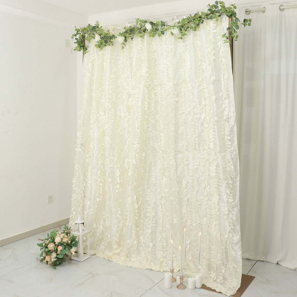 8ftx8ft Ivory 3D Leaf Petal Taffeta Event Curtain Drapes, Backdrop Event Panel With Rod Pocket - Bell Racket Store