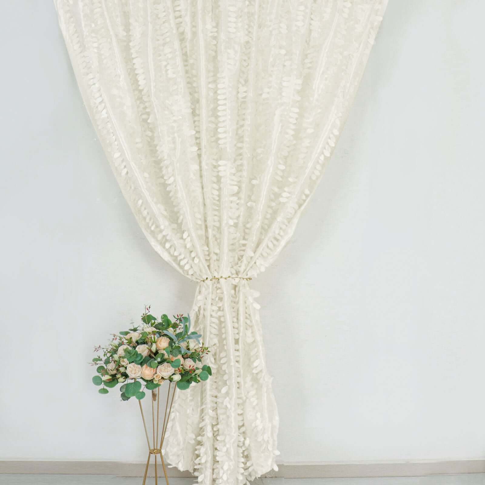 8ftx8ft Ivory 3D Leaf Petal Taffeta Event Curtain Drapes, Backdrop Event Panel With Rod Pocket - Bell Racket Store