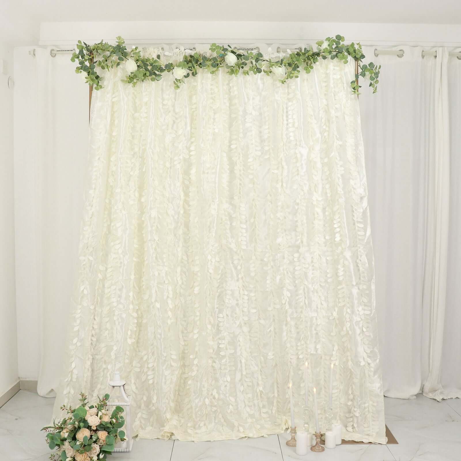 8ftx8ft Ivory 3D Leaf Petal Taffeta Event Curtain Drapes, Backdrop Event Panel With Rod Pocket - Bell Racket Store