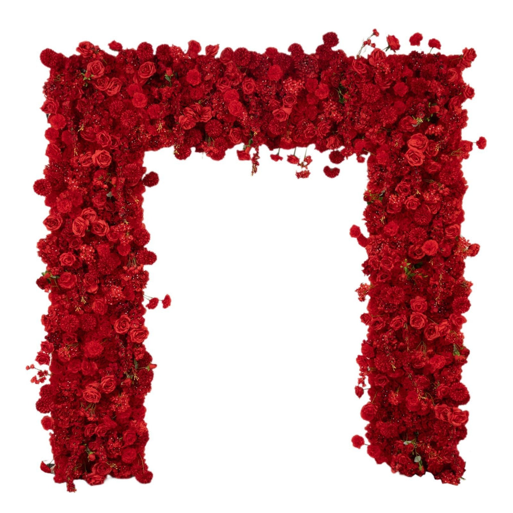 8ftx8ft Roll Up Flower Backdrop for Arch Stand, Red with Fabric Backing - Artificial Silk Roses, Hydrangeas & Chrysanthemums for Weddings - Bell Racket Store