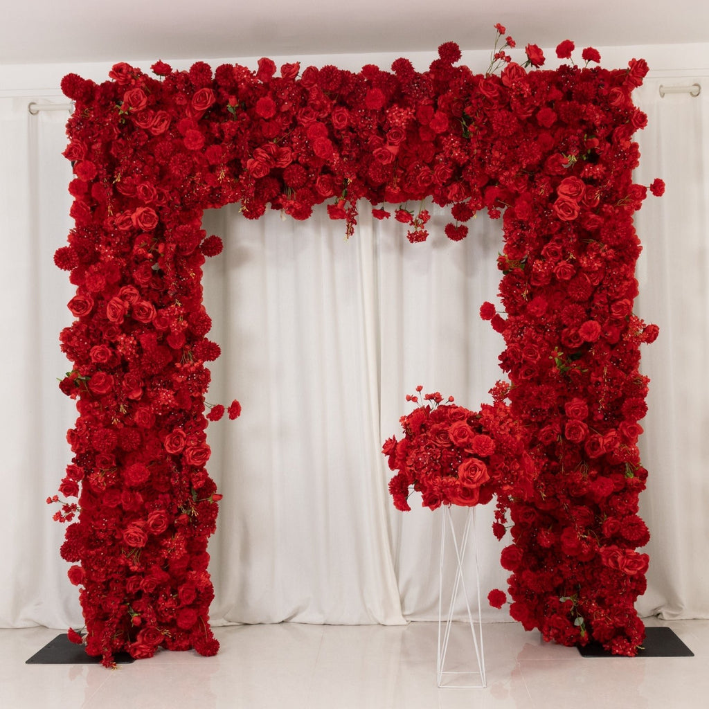 8ftx8ft Roll Up Flower Backdrop for Arch Stand, Red with Fabric Backing - Artificial Silk Roses, Hydrangeas & Chrysanthemums for Weddings - Bell Racket Store