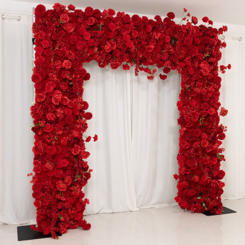 8ftx8ft Roll Up Flower Backdrop for Arch Stand, Red with Fabric Backing - Artificial Silk Roses, Hydrangeas & Chrysanthemums for Weddings - Bell Racket Store