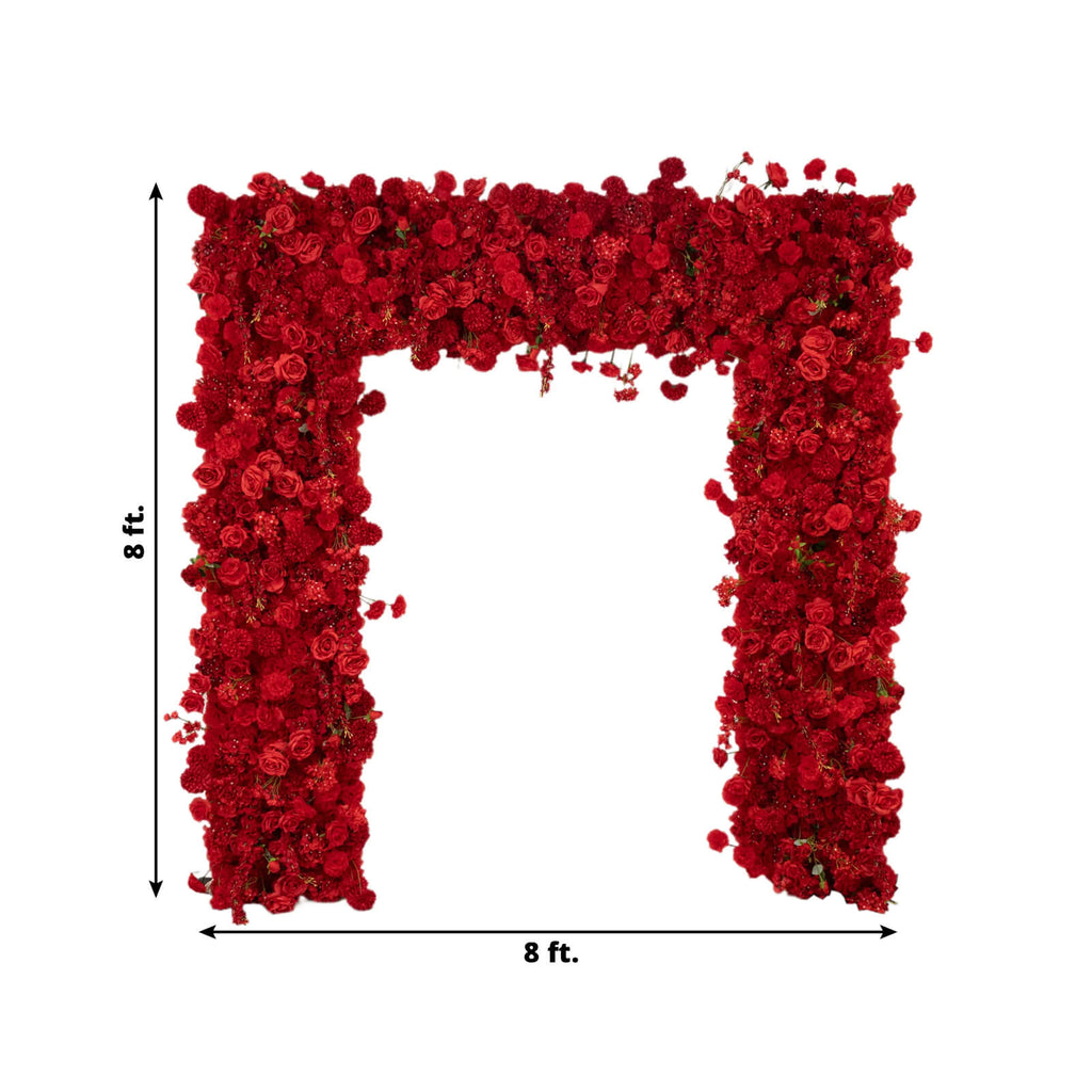 8ftx8ft Roll Up Flower Backdrop for Arch Stand, Red with Fabric Backing - Artificial Silk Roses, Hydrangeas & Chrysanthemums for Weddings - Bell Racket Store
