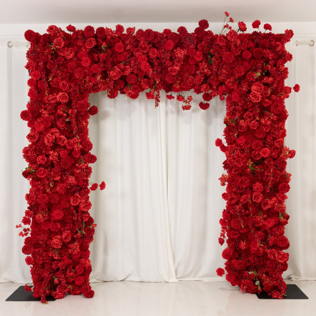 8ftx8ft Roll Up Flower Backdrop for Arch Stand, Red with Fabric Backing - Artificial Silk Roses, Hydrangeas & Chrysanthemums for Weddings - Bell Racket Store