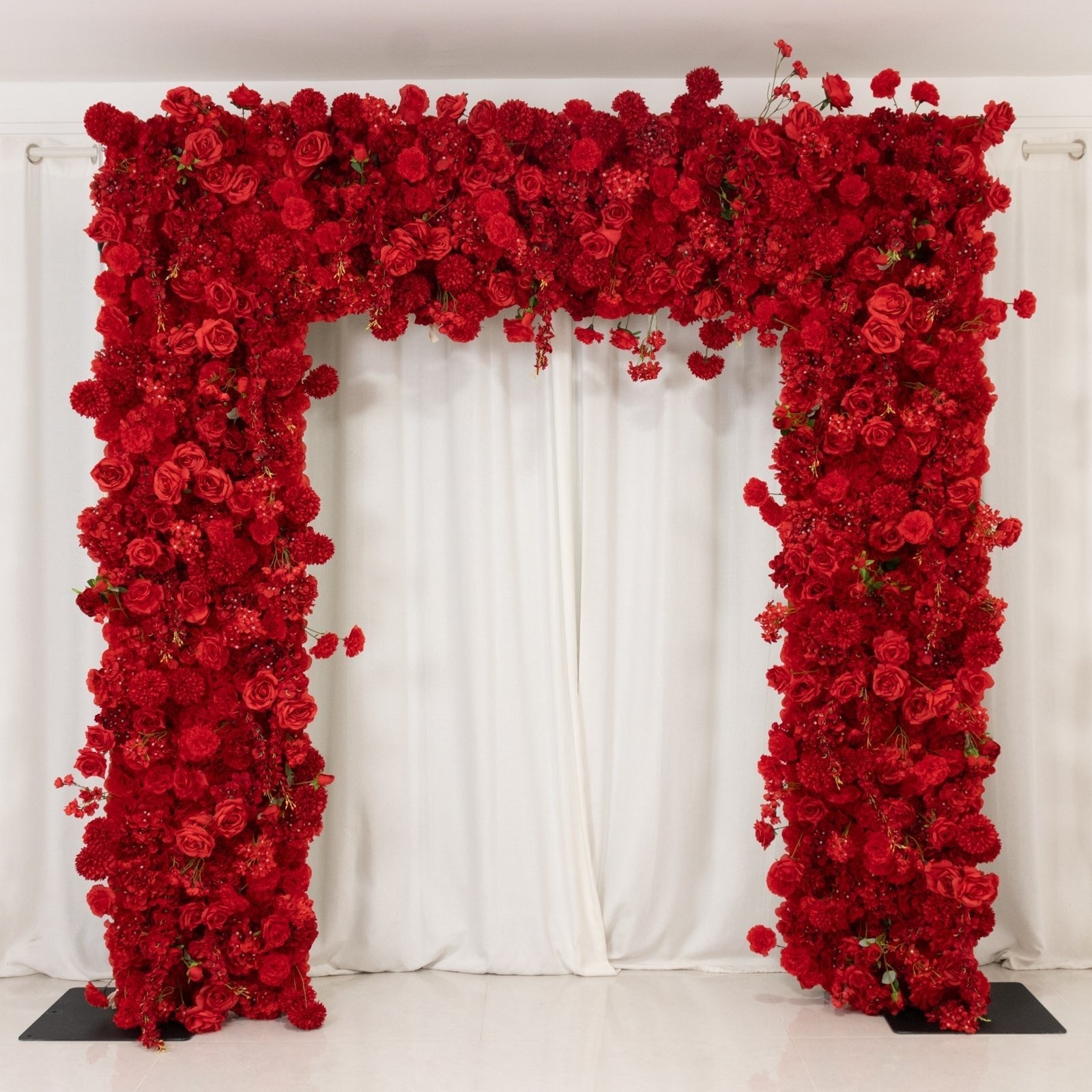 8ftx8ft Roll Up Flower Backdrop for Arch Stand, Red with Fabric Backing - Artificial Silk Roses, Hydrangeas & Chrysanthemums for Weddings - Bell Racket Store
