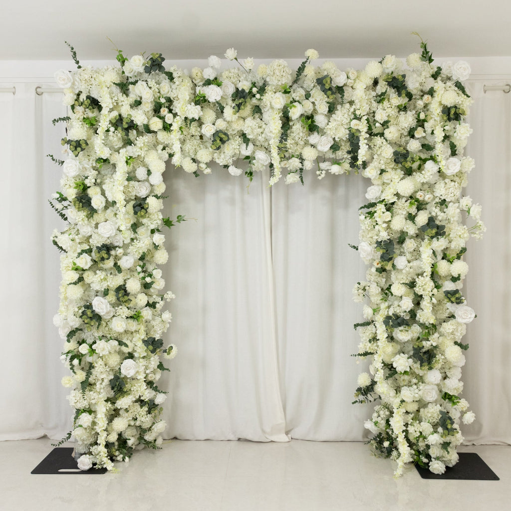 8ftx8ft Roll Up Flower Backdrop for Arch Stand, White with Fabric Backing - Artificial Silk Roses, Hydrangeas & Chrysanthemums for Weddings - Bell Racket Store