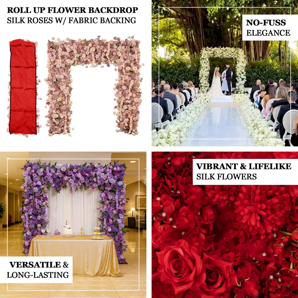 8ftx8ft Roll Up Flower Backdrop for Arch Stand, White with Fabric Backing - Artificial Silk Roses, Hydrangeas & Chrysanthemums for Weddings - Bell Racket Store