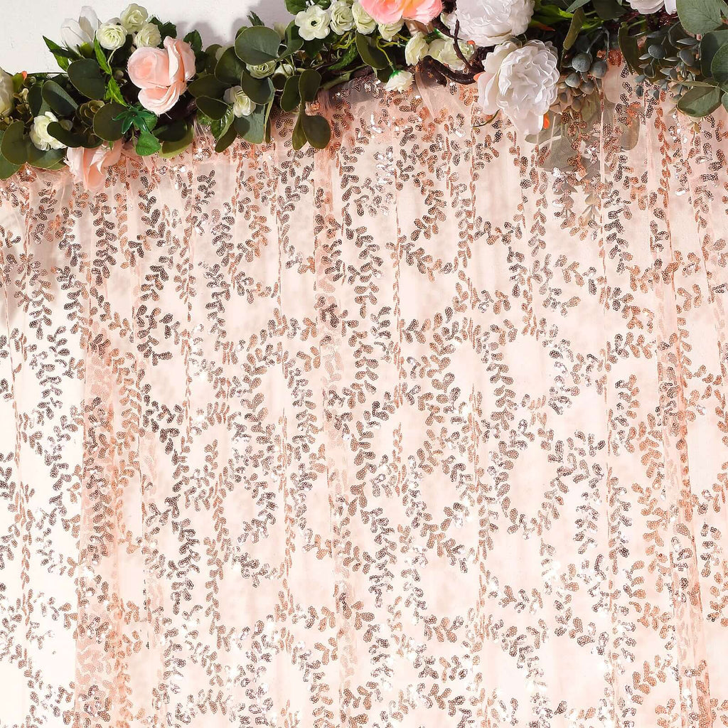 8ftx8ft Rose Gold Embroider Sequin Event Curtain Drapes, Sparkly Sheer Backdrop Event Panel With Embroidery Leaf - Bell Racket Store