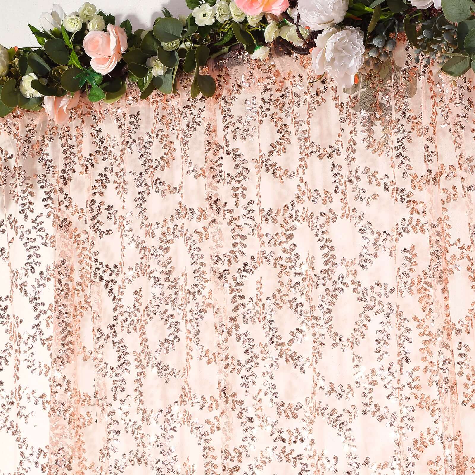 8ftx8ft Rose Gold Embroider Sequin Event Curtain Drapes, Sparkly Sheer Backdrop Event Panel With Embroidery Leaf - Bell Racket Store
