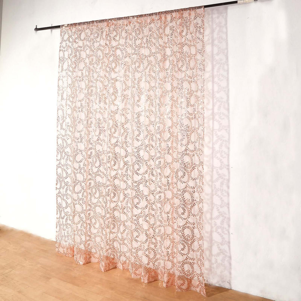 8ftx8ft Rose Gold Embroider Sequin Event Curtain Drapes, Sparkly Sheer Backdrop Event Panel With Embroidery Leaf - Bell Racket Store