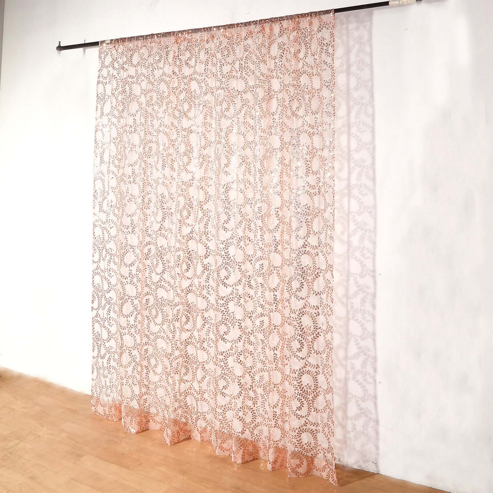 8ftx8ft Rose Gold Embroider Sequin Event Curtain Drapes, Sparkly Sheer Backdrop Event Panel With Embroidery Leaf - Bell Racket Store