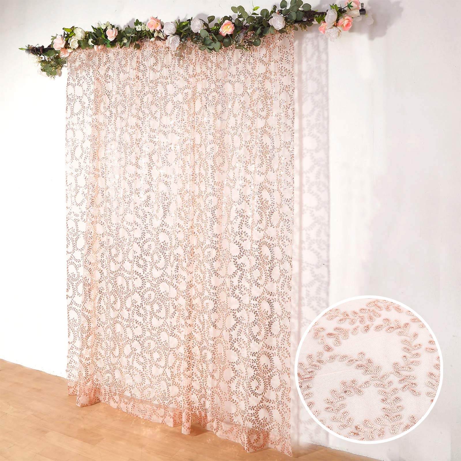 8ftx8ft Rose Gold Embroider Sequin Event Curtain Drapes, Sparkly Sheer Backdrop Event Panel With Embroidery Leaf - Bell Racket Store