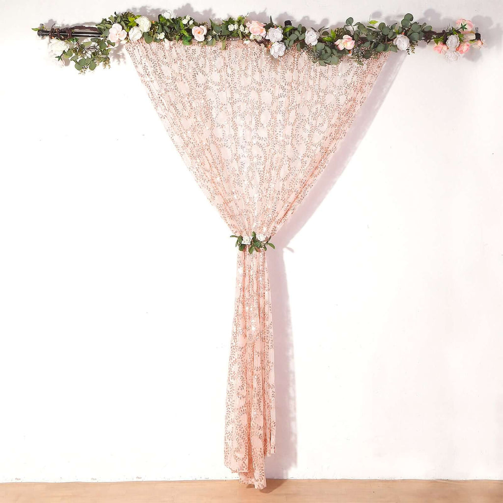 8ftx8ft Rose Gold Embroider Sequin Event Curtain Drapes, Sparkly Sheer Backdrop Event Panel With Embroidery Leaf - Bell Racket Store