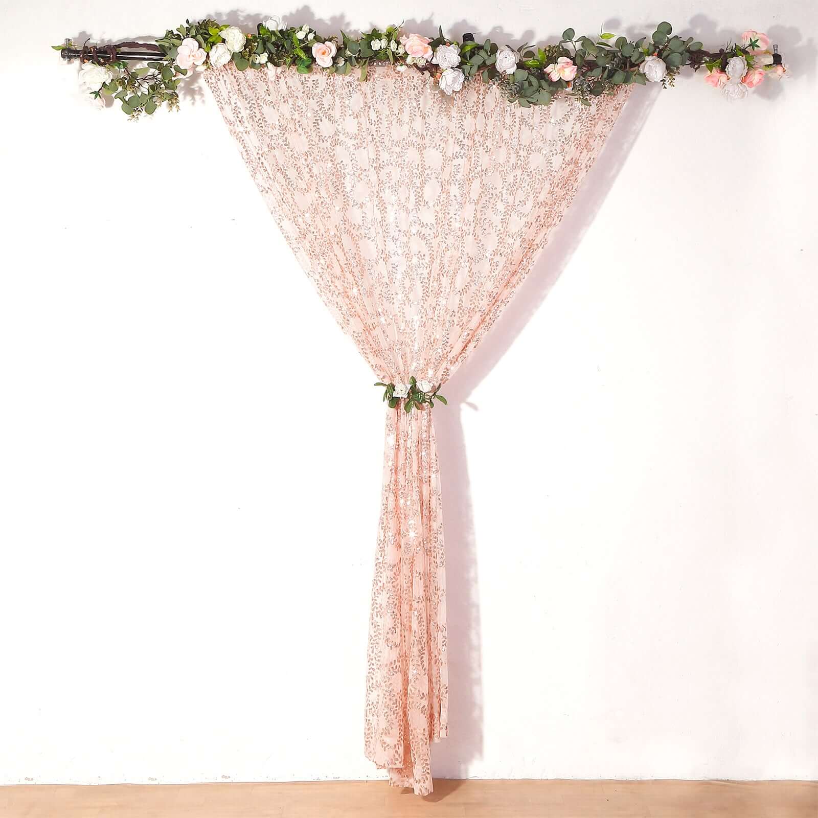 8ftx8ft Rose Gold Embroider Sequin Event Curtain Drapes, Sparkly Sheer Backdrop Event Panel With Embroidery Leaf - Bell Racket Store
