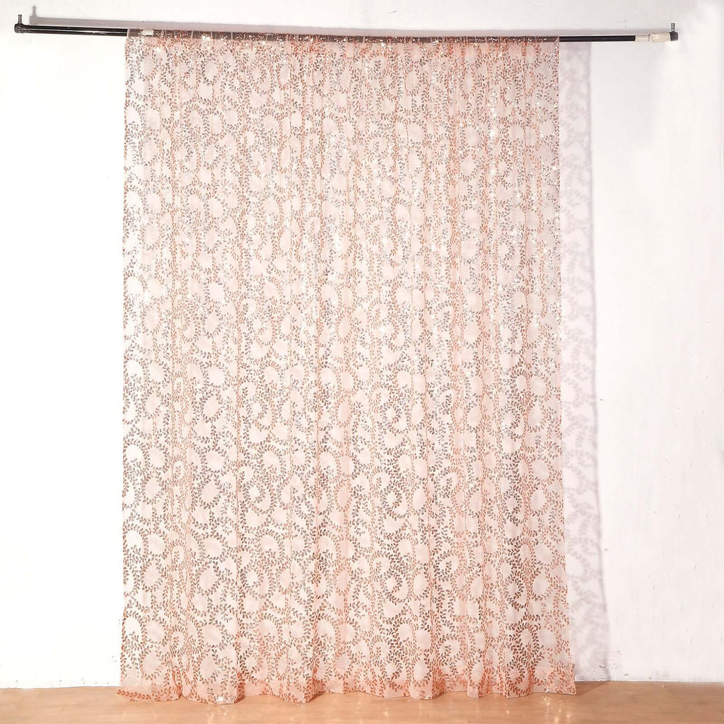 8ftx8ft Rose Gold Embroider Sequin Event Curtain Drapes, Sparkly Sheer Backdrop Event Panel With Embroidery Leaf - Bell Racket Store