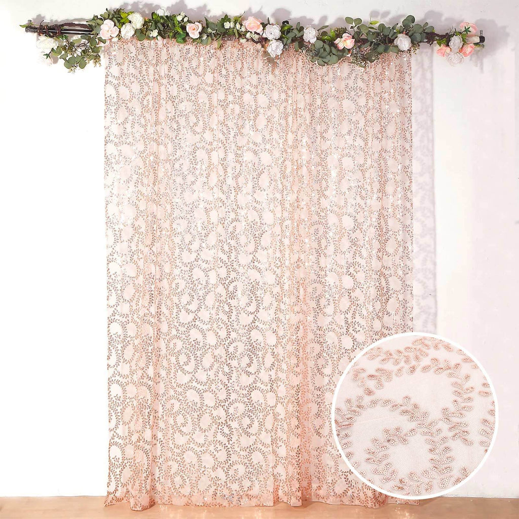 8ftx8ft Rose Gold Embroider Sequin Event Curtain Drapes, Sparkly Sheer Backdrop Event Panel With Embroidery Leaf - Bell Racket Store