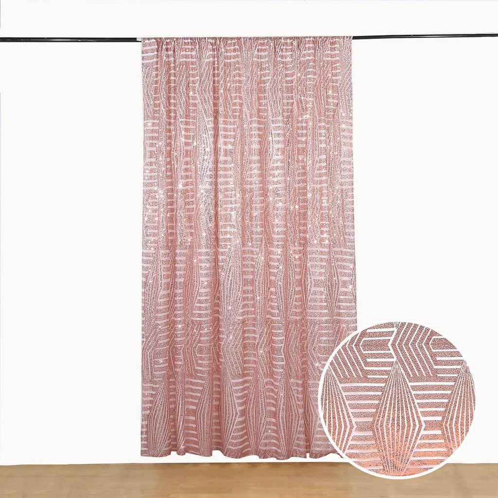 8ftx8ft Rose Gold Geometric Sequin Event Curtain Drapes with Satin Backing, Seamless Opaque Sparkly Backdrop Event Panel in Diamond Glitz Pattern - Bell Racket Store
