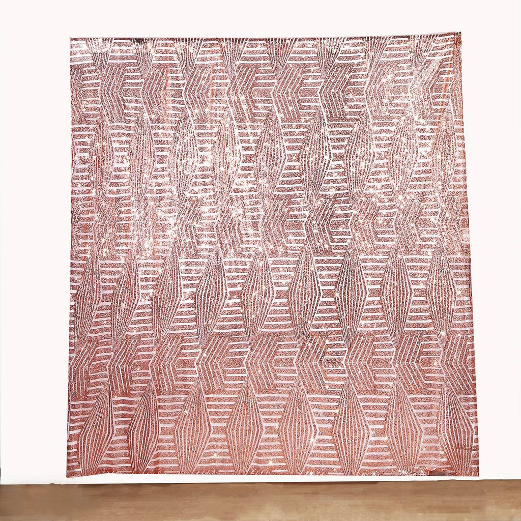 8ftx8ft Rose Gold Geometric Sequin Event Curtain Drapes with Satin Backing, Seamless Opaque Sparkly Backdrop Event Panel in Diamond Glitz Pattern - Bell Racket Store