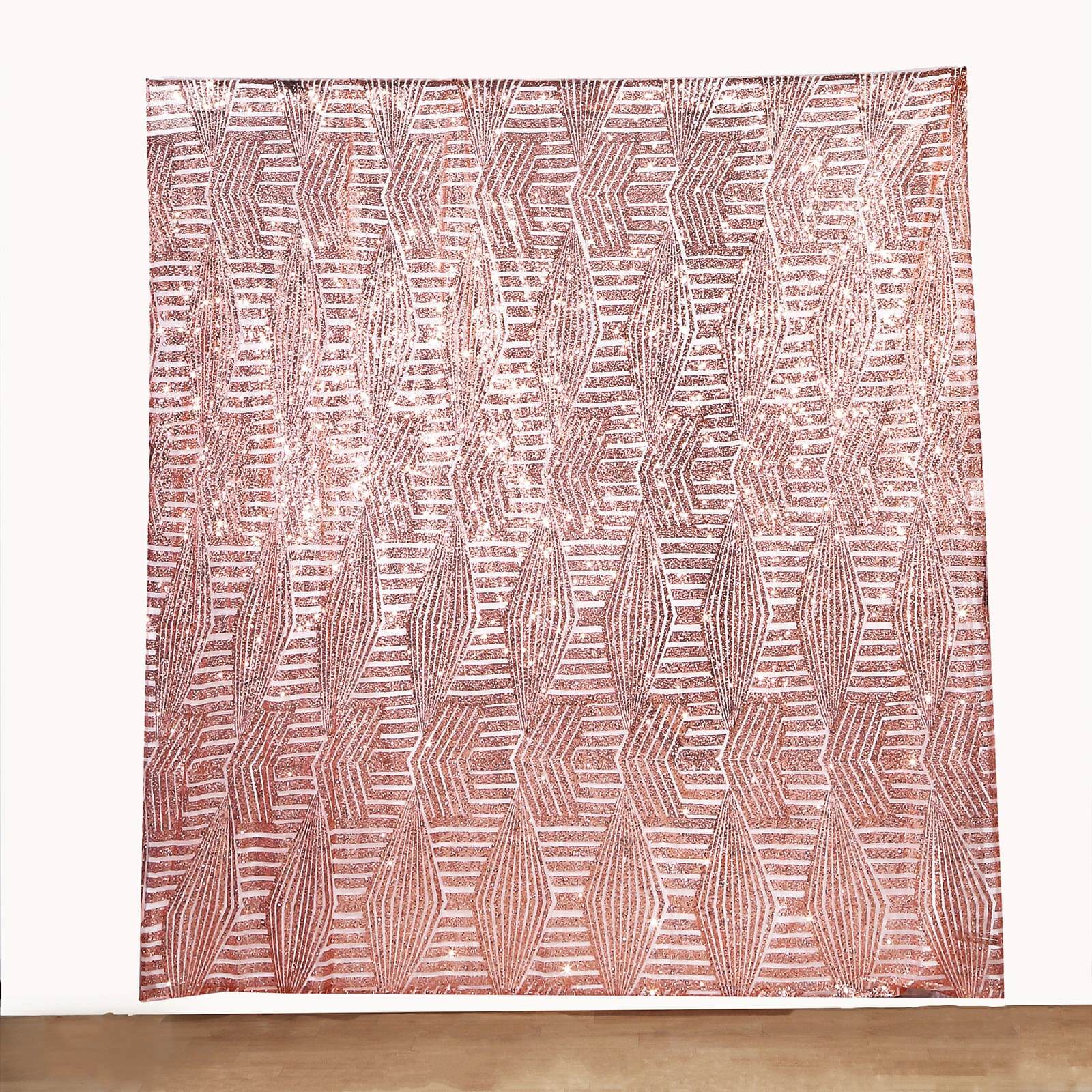 8ftx8ft Rose Gold Geometric Sequin Event Curtain Drapes with Satin Backing, Seamless Opaque Sparkly Backdrop Event Panel in Diamond Glitz Pattern - Bell Racket Store