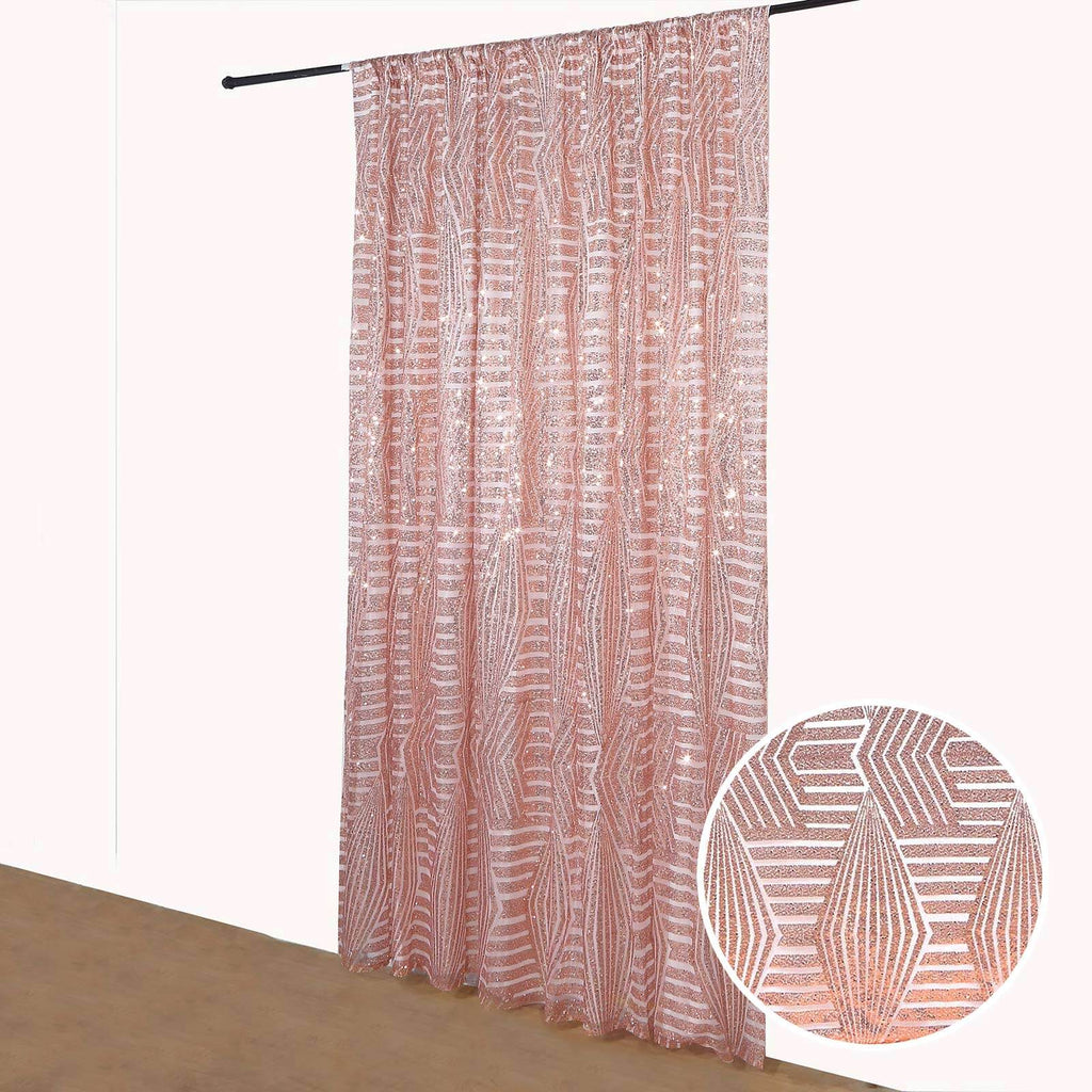8ftx8ft Rose Gold Geometric Sequin Event Curtain Drapes with Satin Backing, Seamless Opaque Sparkly Backdrop Event Panel in Diamond Glitz Pattern - Bell Racket Store