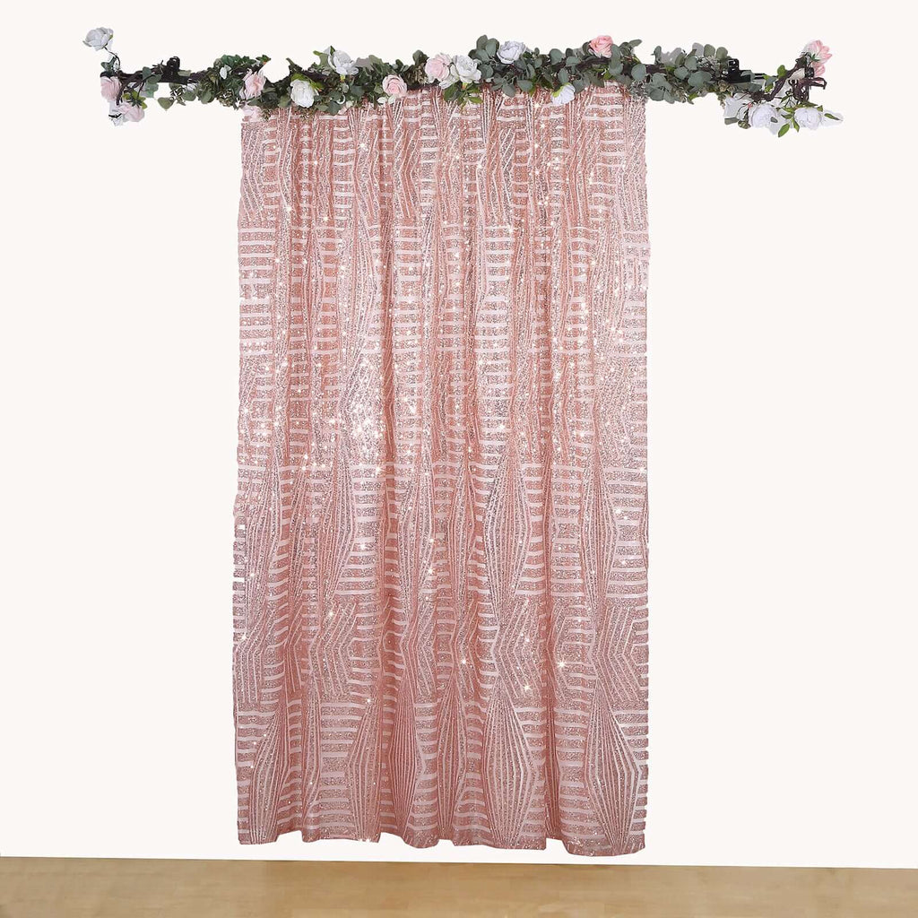 8ftx8ft Rose Gold Geometric Sequin Event Curtain Drapes with Satin Backing, Seamless Opaque Sparkly Backdrop Event Panel in Diamond Glitz Pattern - Bell Racket Store