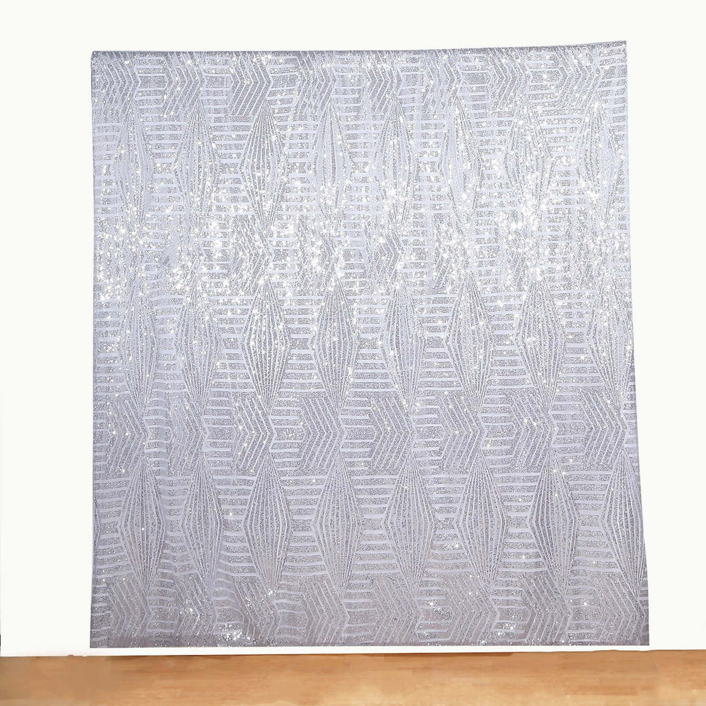 8ftx8ft Silver Geometric Sequin Event Curtain Drapes with Satin Backing, Seamless Opaque Sparkly Backdrop Event Panel in Diamond Glitz Pattern - Bell Racket Store