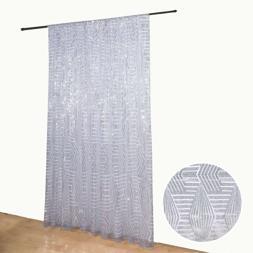 8ftx8ft Silver Geometric Sequin Event Curtain Drapes with Satin Backing, Seamless Opaque Sparkly Backdrop Event Panel in Diamond Glitz Pattern - Bell Racket Store