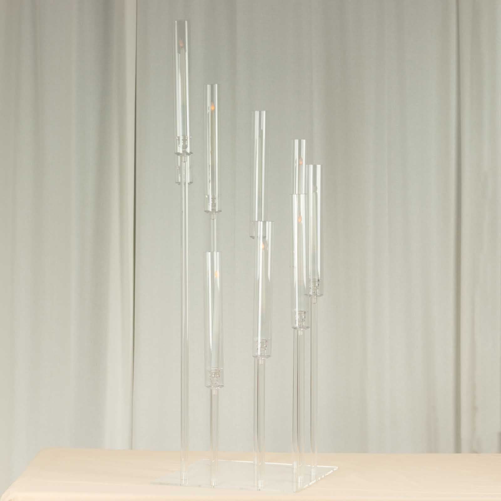 9 - Arm Cluster Acrylic Candelabra Clear with Square Base - Sophisticated Taper Candle Holder Table Centerpiece for Pillar Candles 4ft - Bell Racket Store