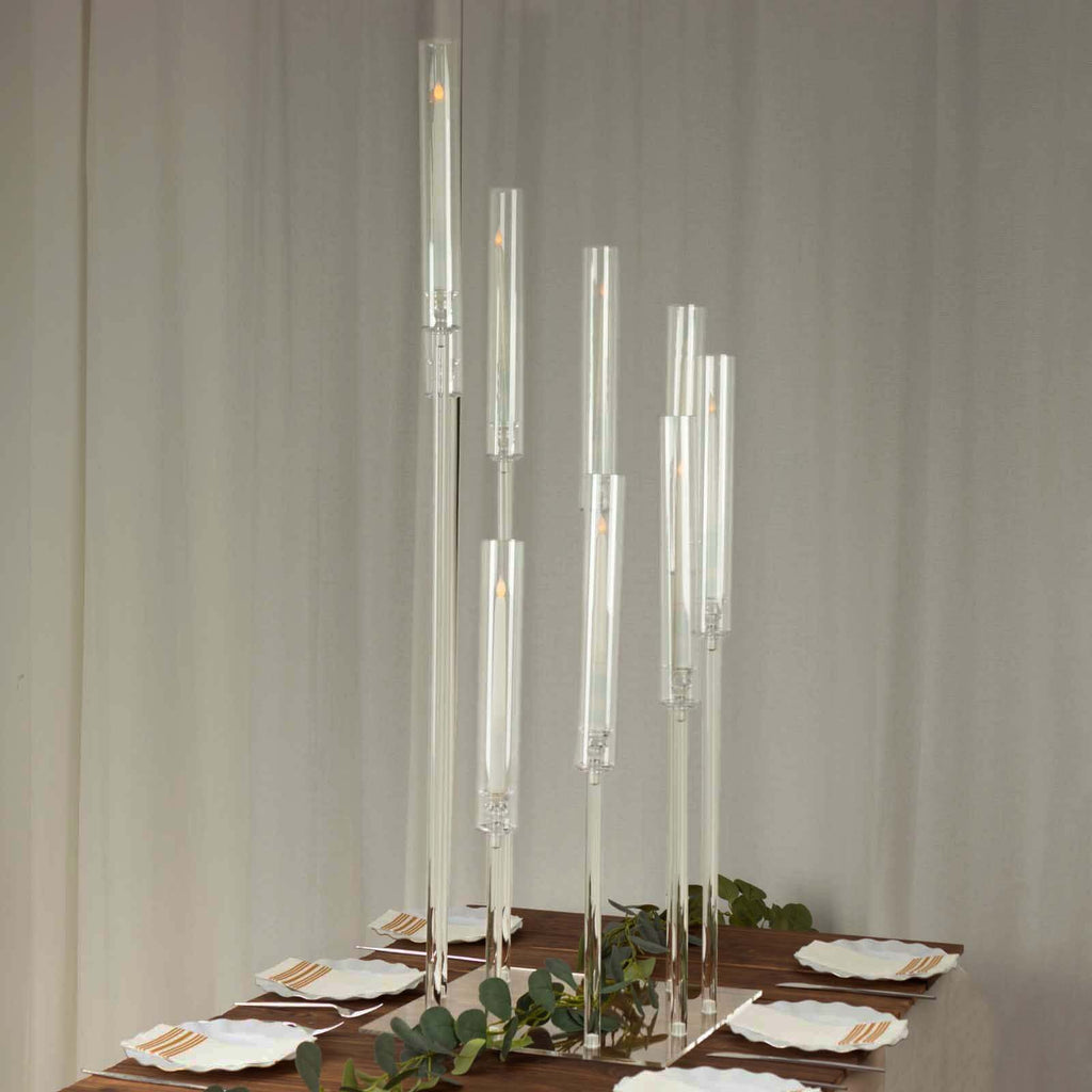 9 - Arm Cluster Acrylic Candelabra Clear with Square Base - Sophisticated Taper Candle Holder Table Centerpiece for Pillar Candles 4ft - Bell Racket Store