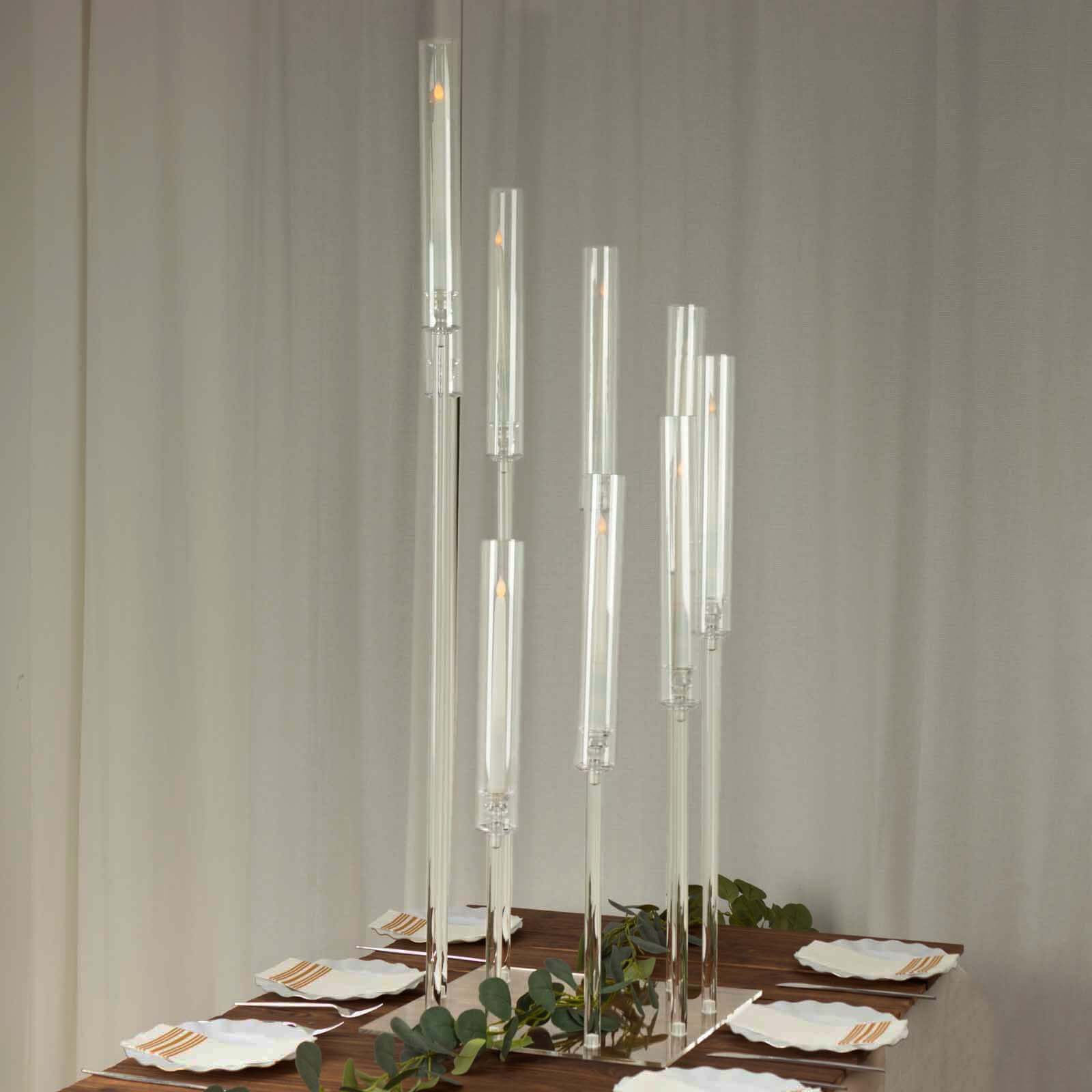 9 - Arm Cluster Acrylic Candelabra Clear with Square Base - Sophisticated Taper Candle Holder Table Centerpiece for Pillar Candles 4ft - Bell Racket Store