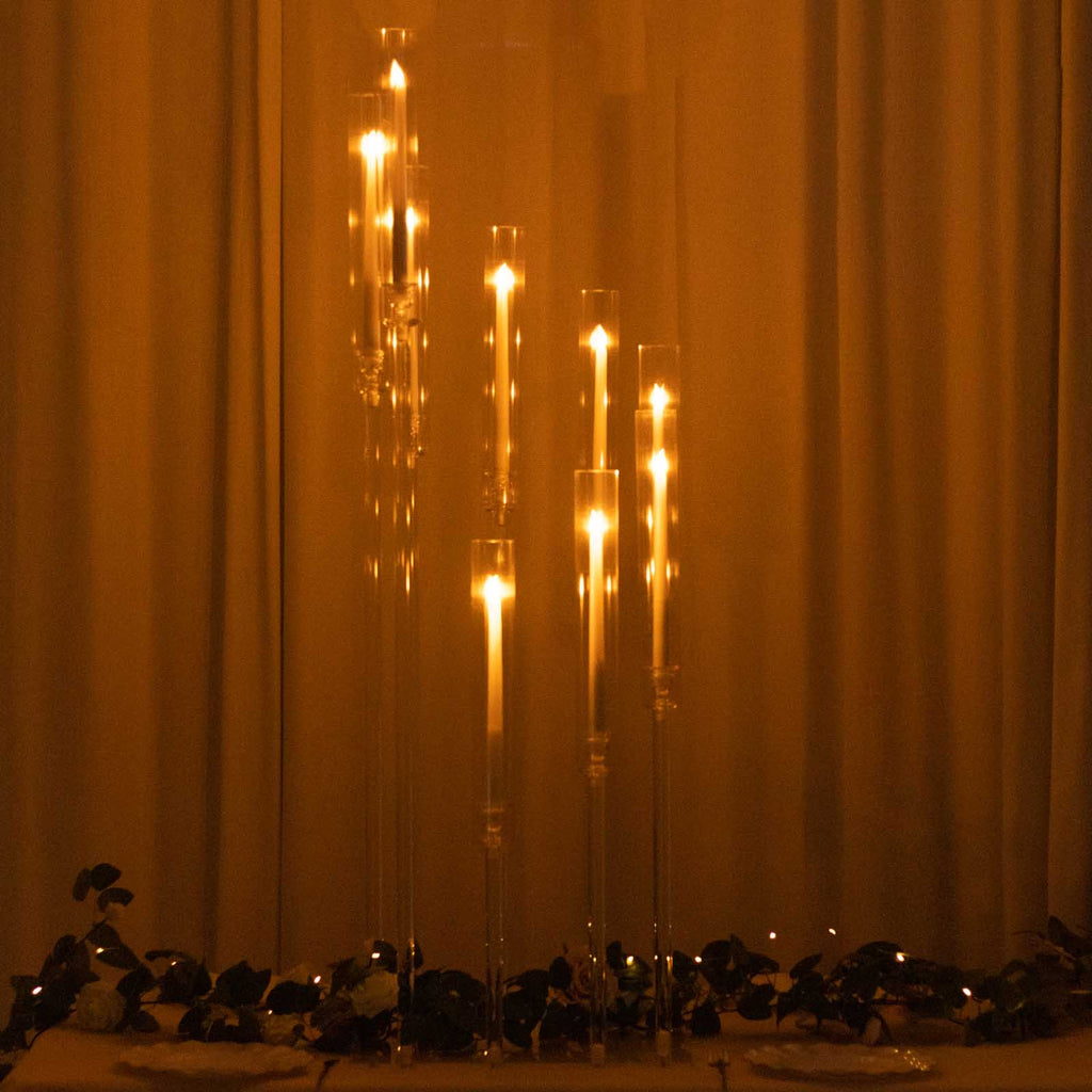 9 - Arm Cluster Acrylic Candelabra Clear with Square Base - Sophisticated Taper Candle Holder Table Centerpiece for Pillar Candles 4ft - Bell Racket Store