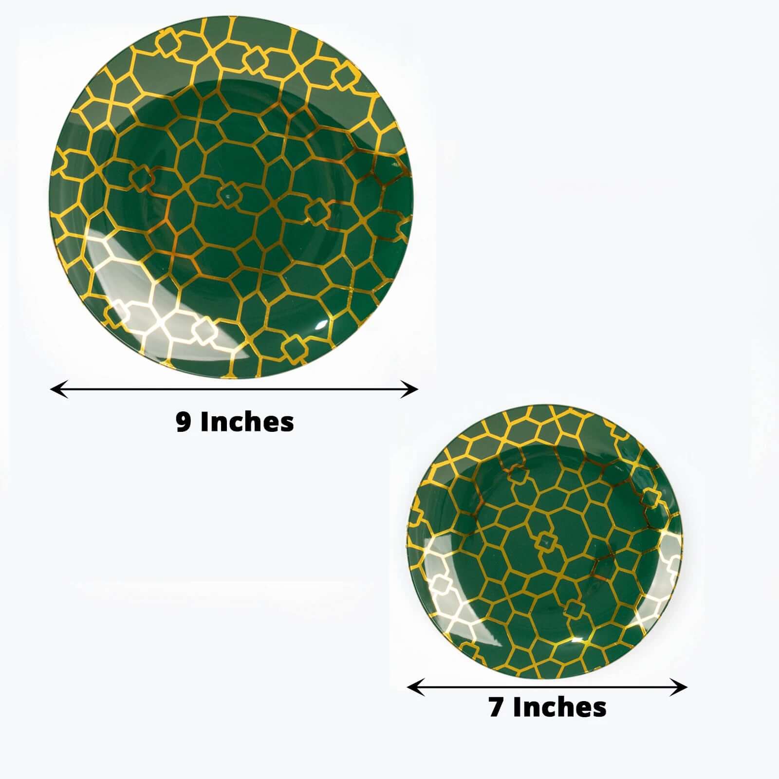 20-Pack Set Plastic Round Dinner and Salad Plates in Hunter Emerald Green with Geometric Gold Print - Modern Disposable Dinnerware Set for Weddings & Celebrations 9", 7"
