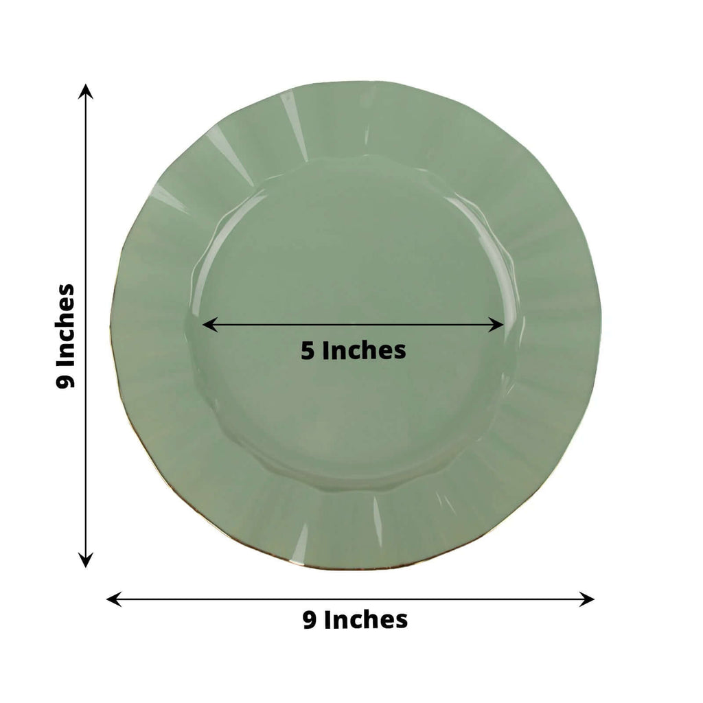 10-Pack Plastic 9" Round Dinner Plates in Dusty Sage Green Ruffled Rim with Gold Edging - Sturdy Disposable Dinnerware