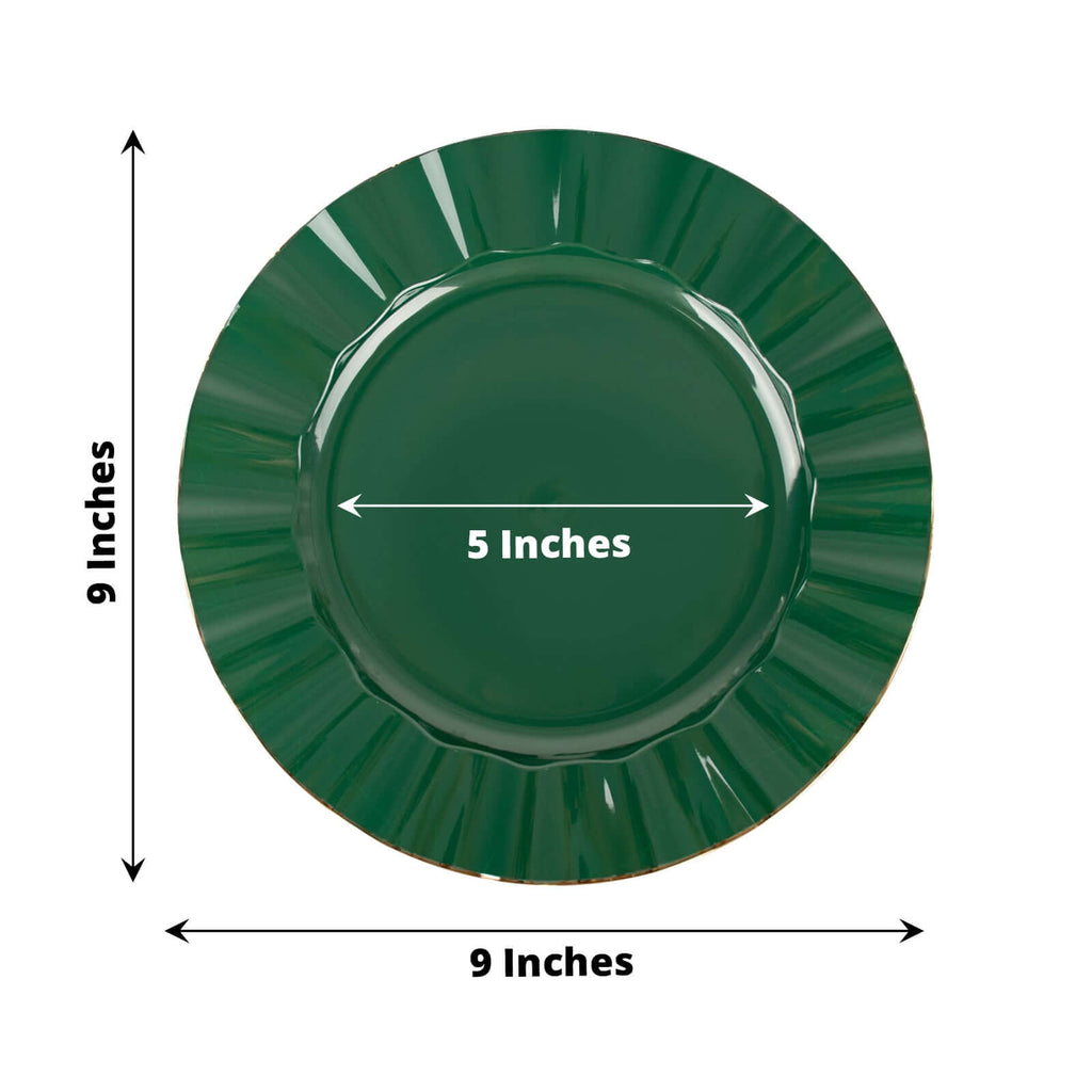 10-Pack Plastic 9" Round Dinner Plates in Hunter Emerald Green Ruffled Rim with Gold Edging - Sturdy Disposable Dinnerware