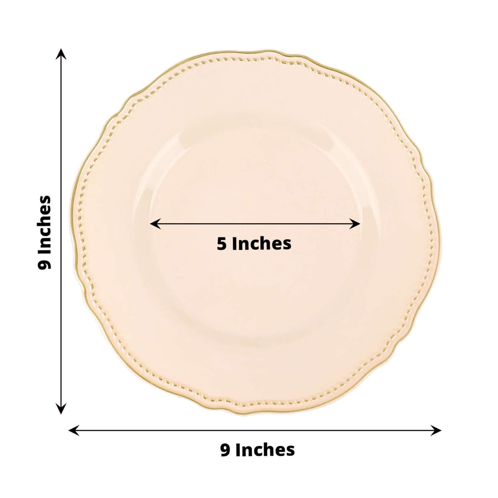 10-Pack Plastic Dinner Plates in Nude with Gold Scalloped Rim - Disposable Party Plates 9"